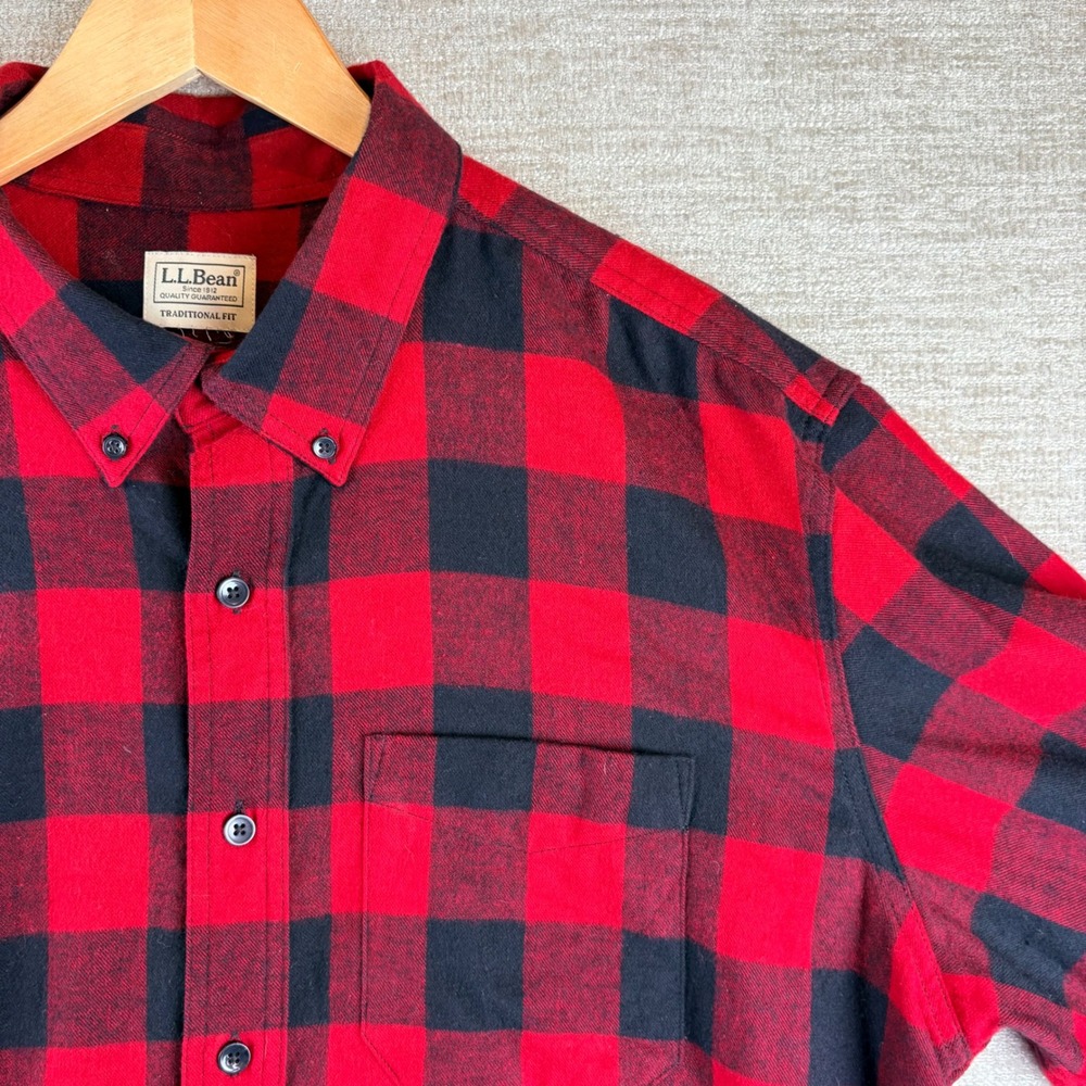 LL Bean Men Red Black Buffalo Plaid Thick Flannel Shirt Heritage Americana Cabin